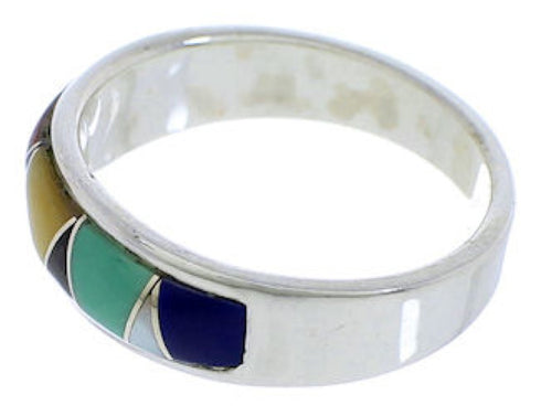 Southwestern Sterling Silver Multicolor Inlay Ring Size 8-1/4 UX37241